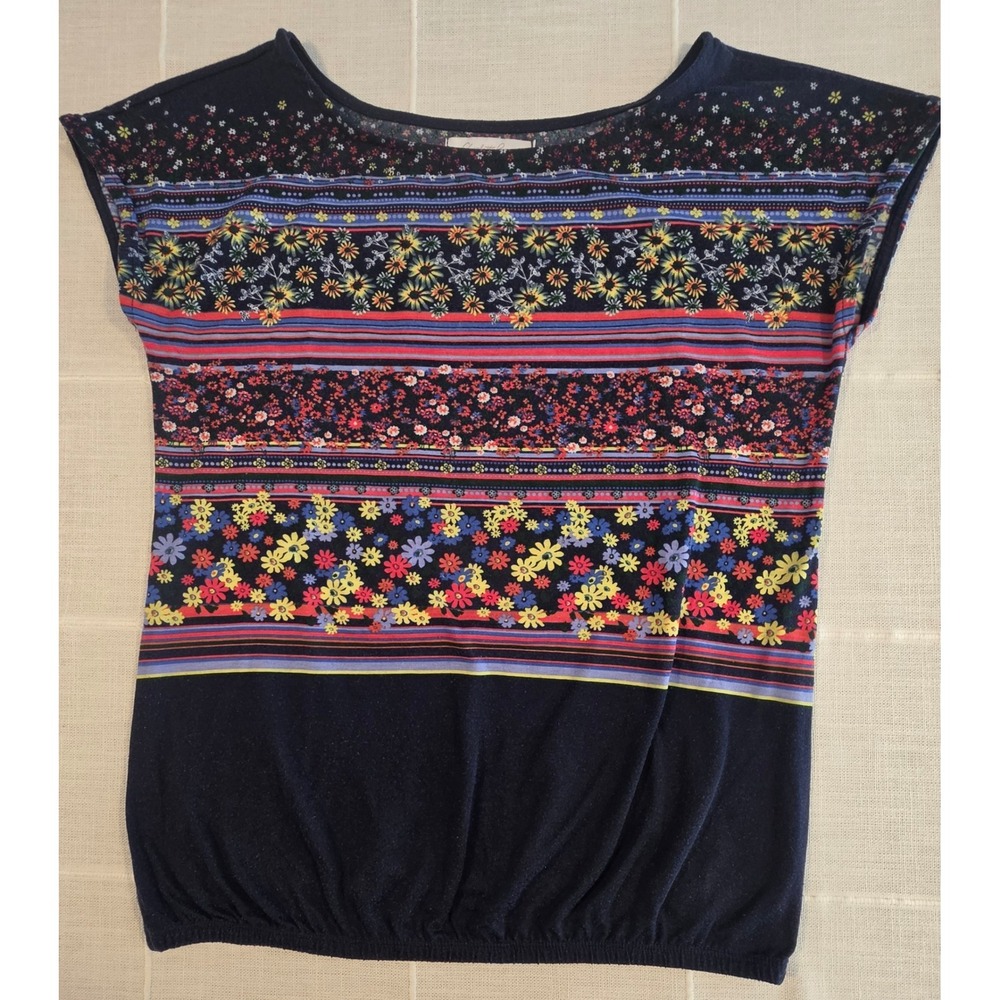 Charlotte Russe Womens Navy Floral Striped Boho Cap Sleeve Blouse Top Medium